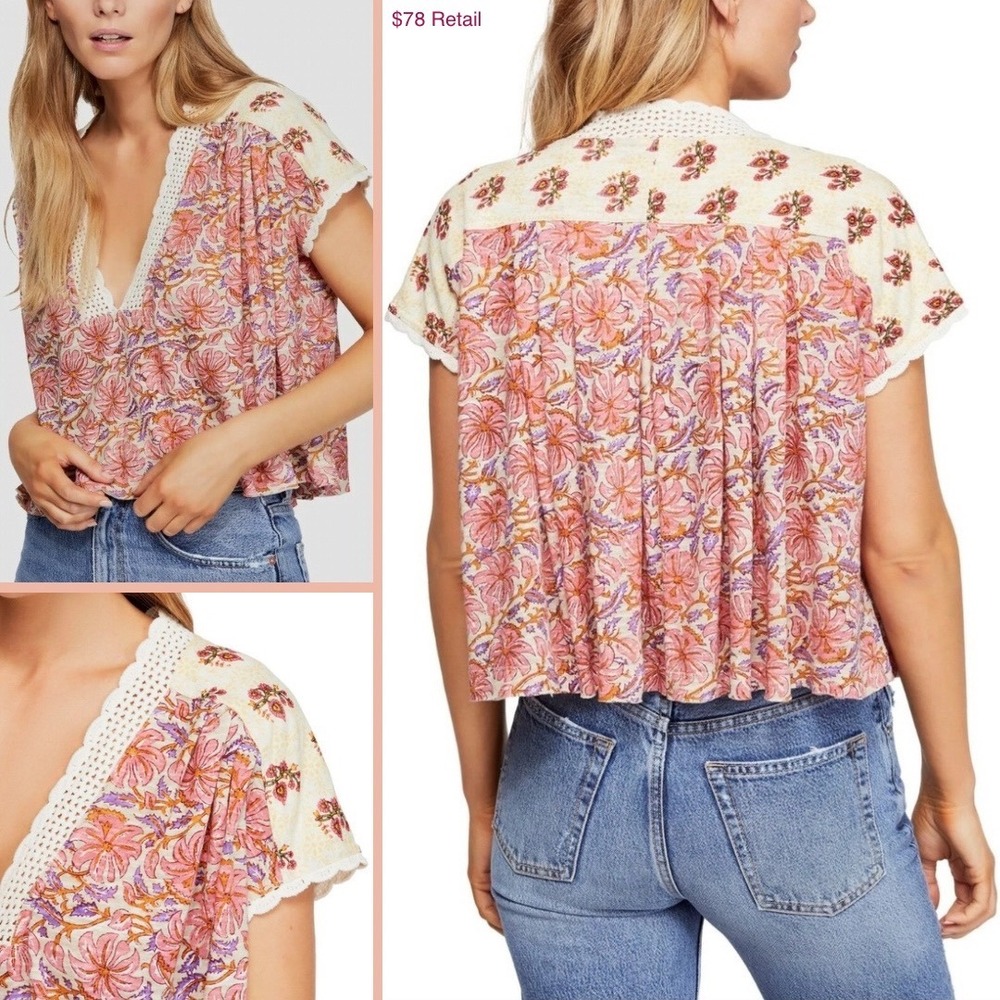 FREE PEOPLE Leilani Blouse Top Size S Ivory Floral Boho Crochet  Cottage Crop